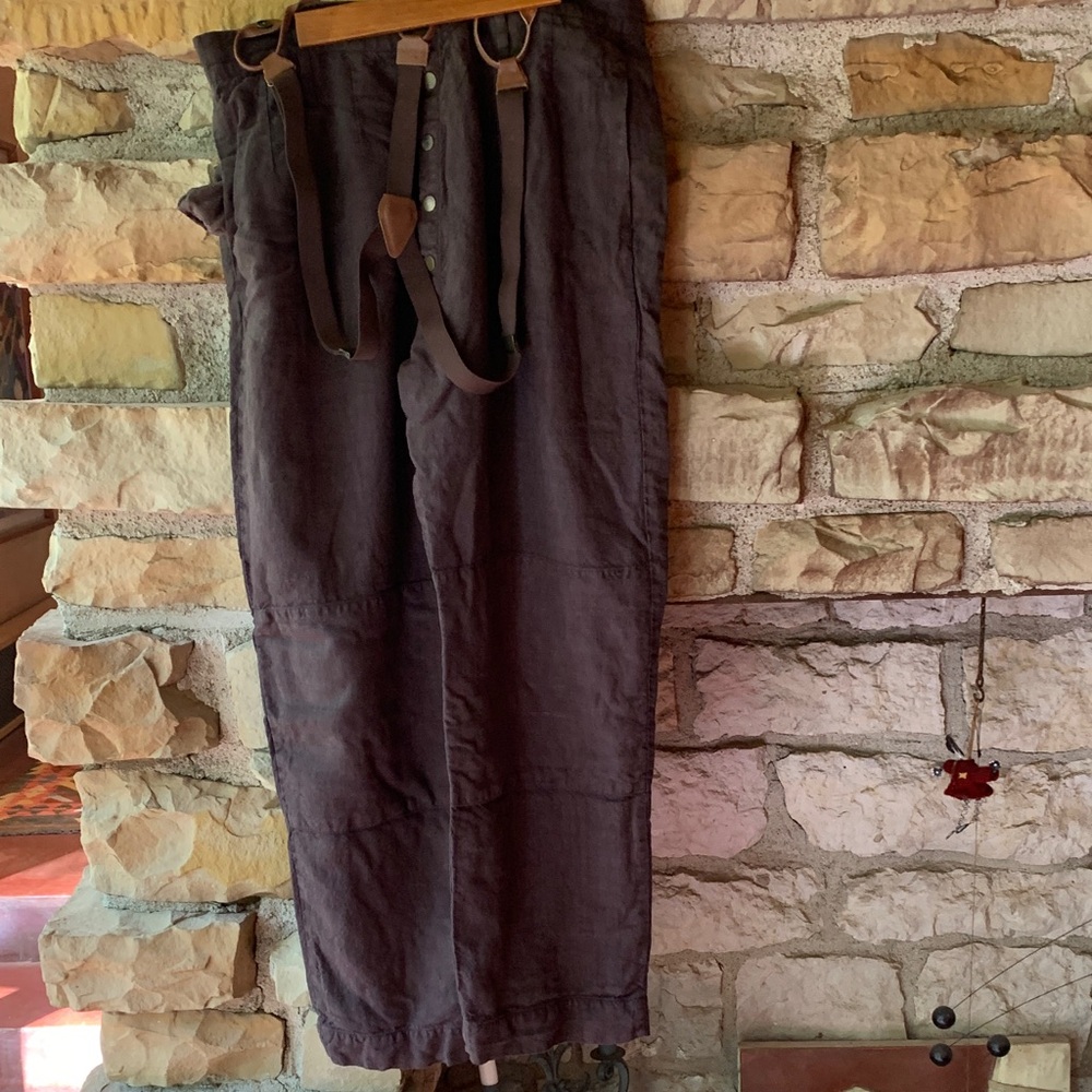 J Morgan Puett Flannel Lined Linen Pants w Suspenders